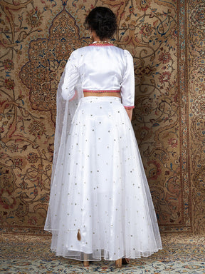 Women White Satin Top With Tulle Aanrkali Skirt And Dupatta