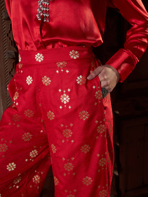 Women Red Satin Shirt With Brocade Palazzos