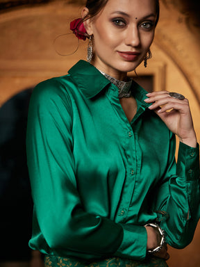 Green Satin Shirt With Brocade Skirt-Shae by SASSAFRAS