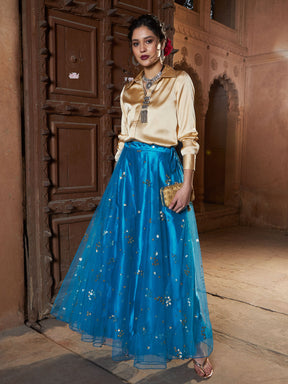 Gold Satin Shirt With Teal Tulle Sequin Skirt-Shae by SASSAFRAS
