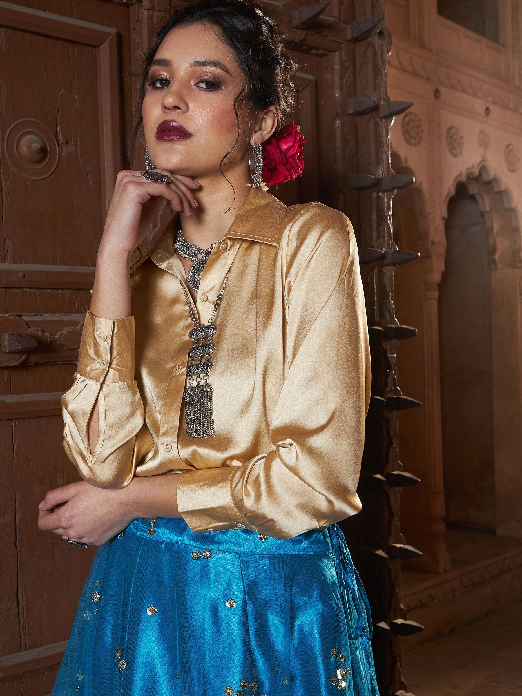 Gold Satin Shirt With Teal Tulle Sequin Skirt-Shae by SASSAFRAS