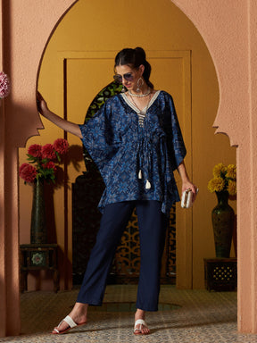 Blue Floral Short Kaftan With Pants-Shae by SASSAFRAS