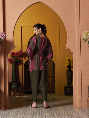 Maroon Geometric Floral Short Kaftan With Pants-Shae by SASSAFRAS