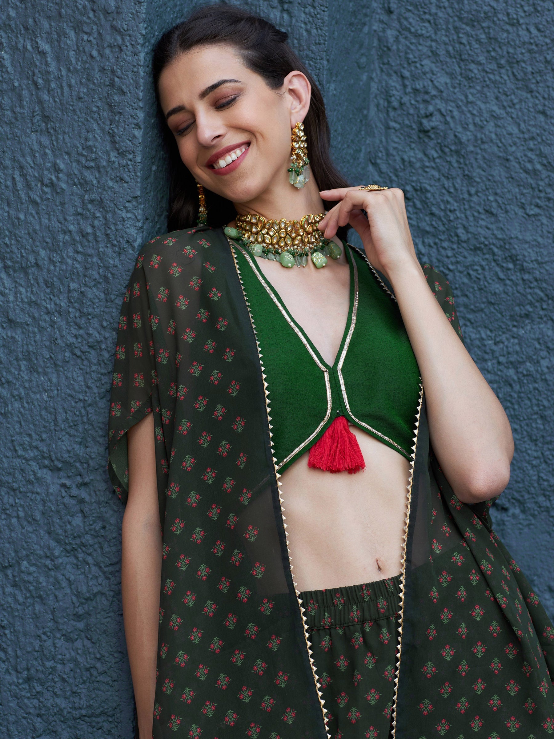 Green Floral Sharara with Cape and Solid Crop Top-Shae by SASSAFRAS