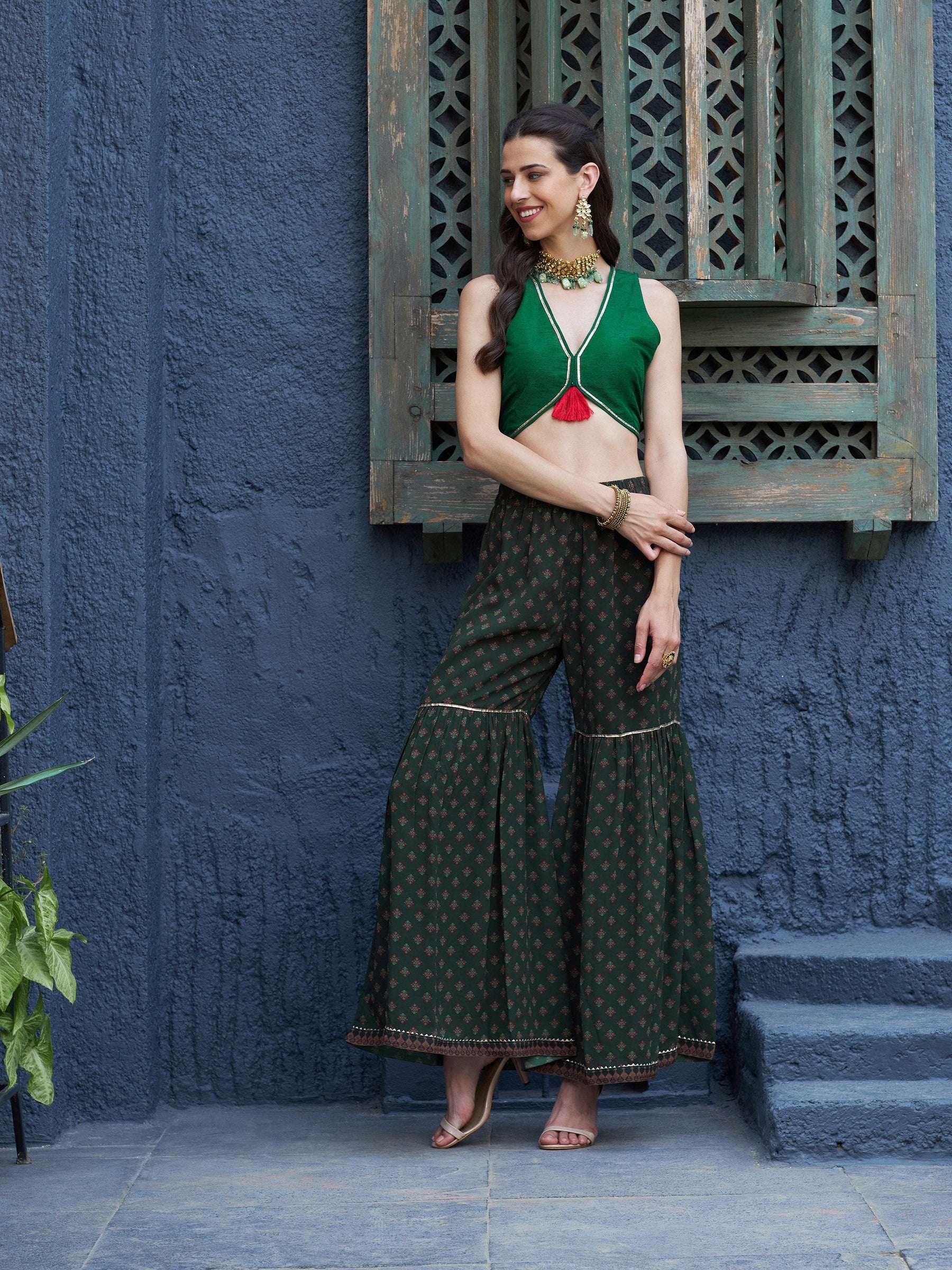 Green Floral Sharara with Cape and Solid Crop Top-Shae by SASSAFRAS