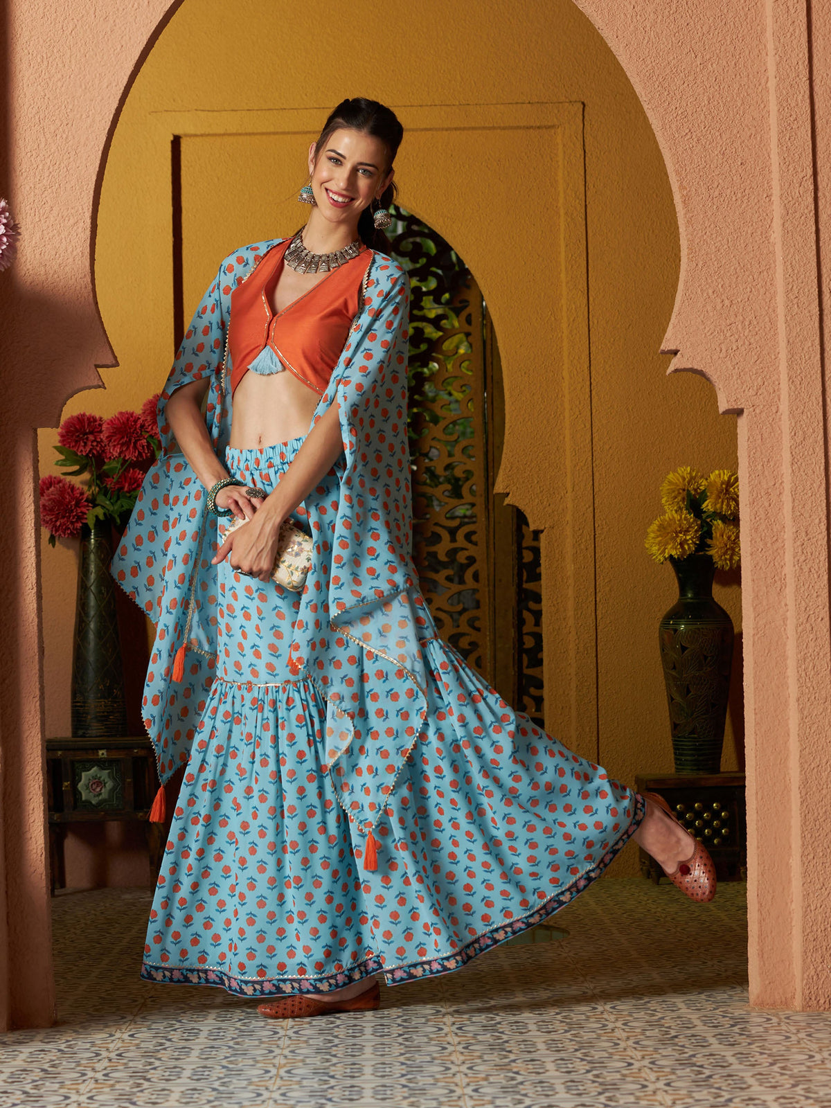Blue Floral Sharara with Cape and Orange Crop Top-Shae by SASSAFRAS