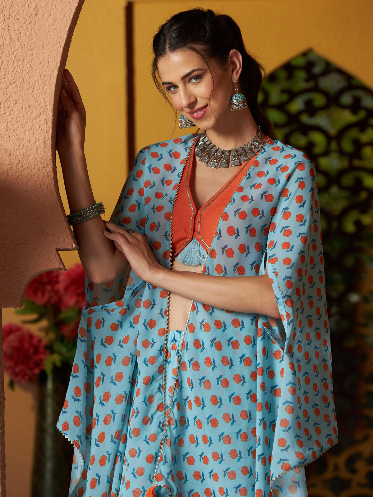 Blue Floral Sharara with Cape and Orange Crop Top-Shae by SASSAFRAS