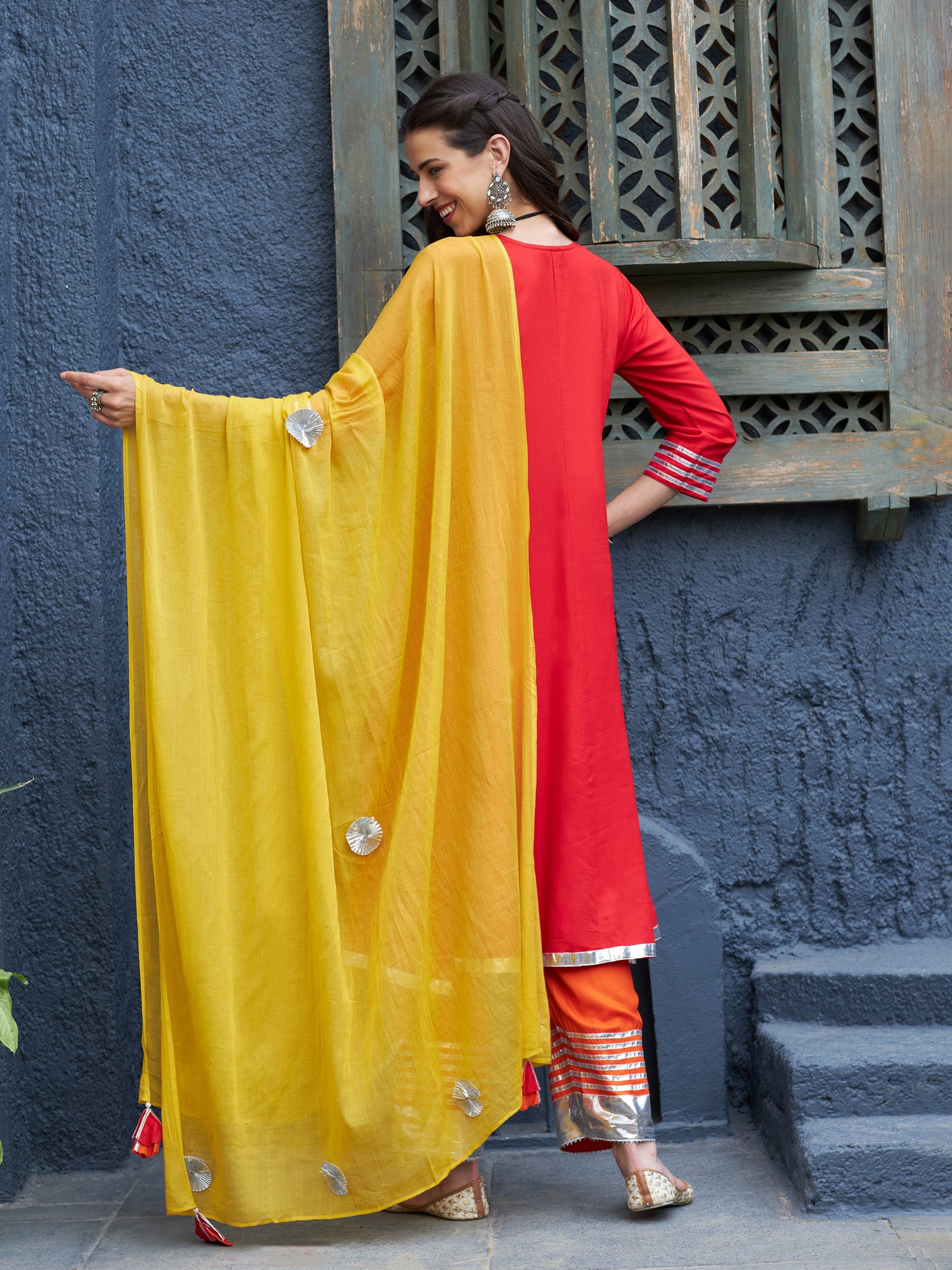 Red & Orange Gota Detail Anarkali Kurta Set With Mustard Dupatta-Shae by SASSAFRAS