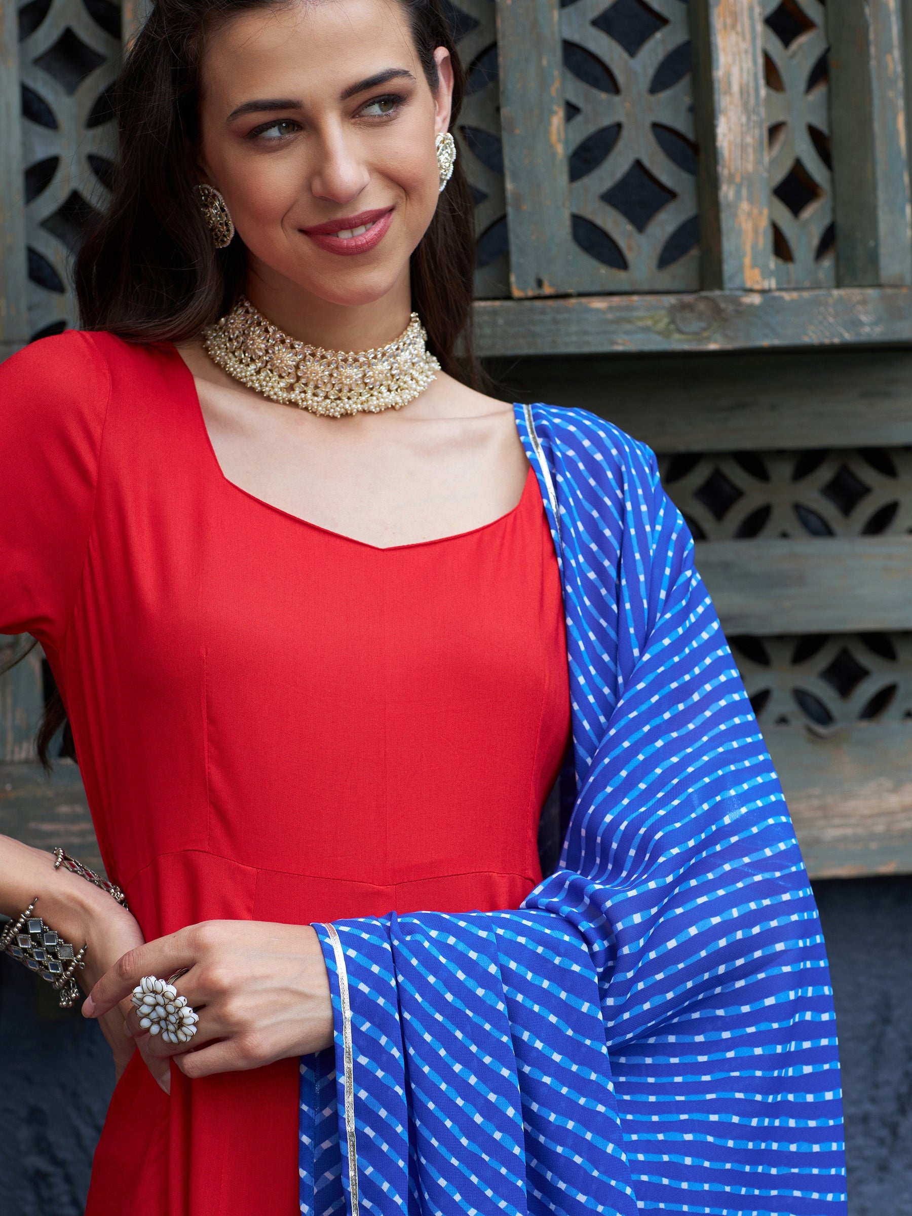 Red Anarkali Kurta Set With Blue Lehariya Dupatta-Shae by SASSAFRAS
