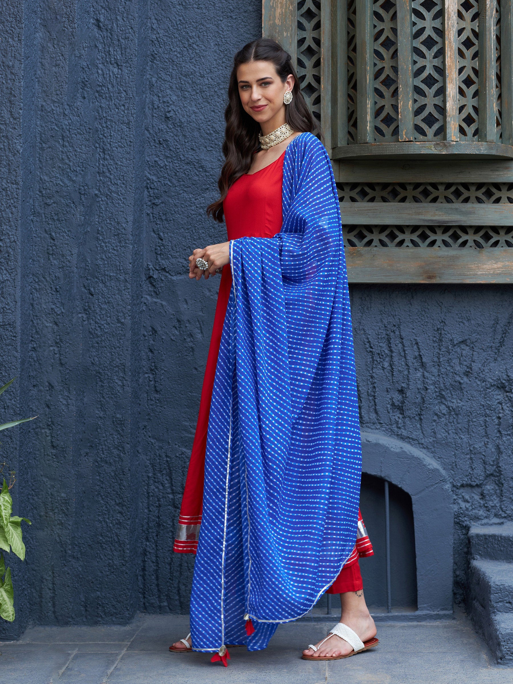 Red Anarkali Kurta Set With Blue Lehariya Dupatta-Shae by SASSAFRAS