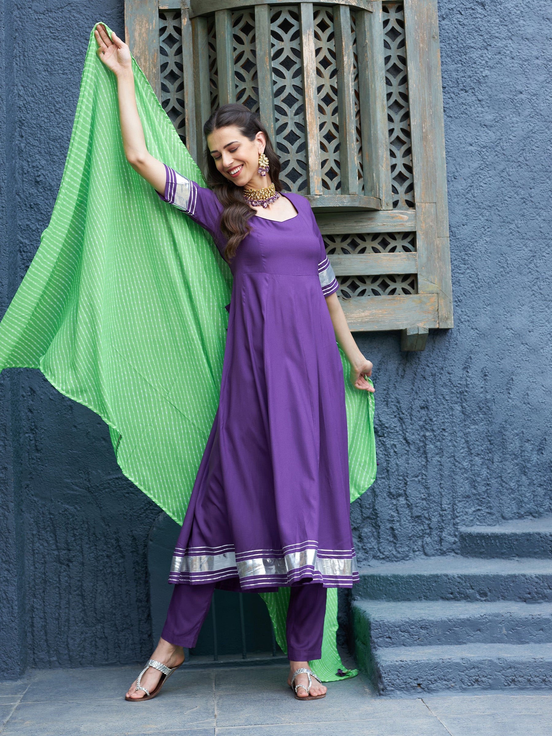 Purple Anarkali Kurta Set With Green Lehariya Dupatta-Shae by SASSAFRAS