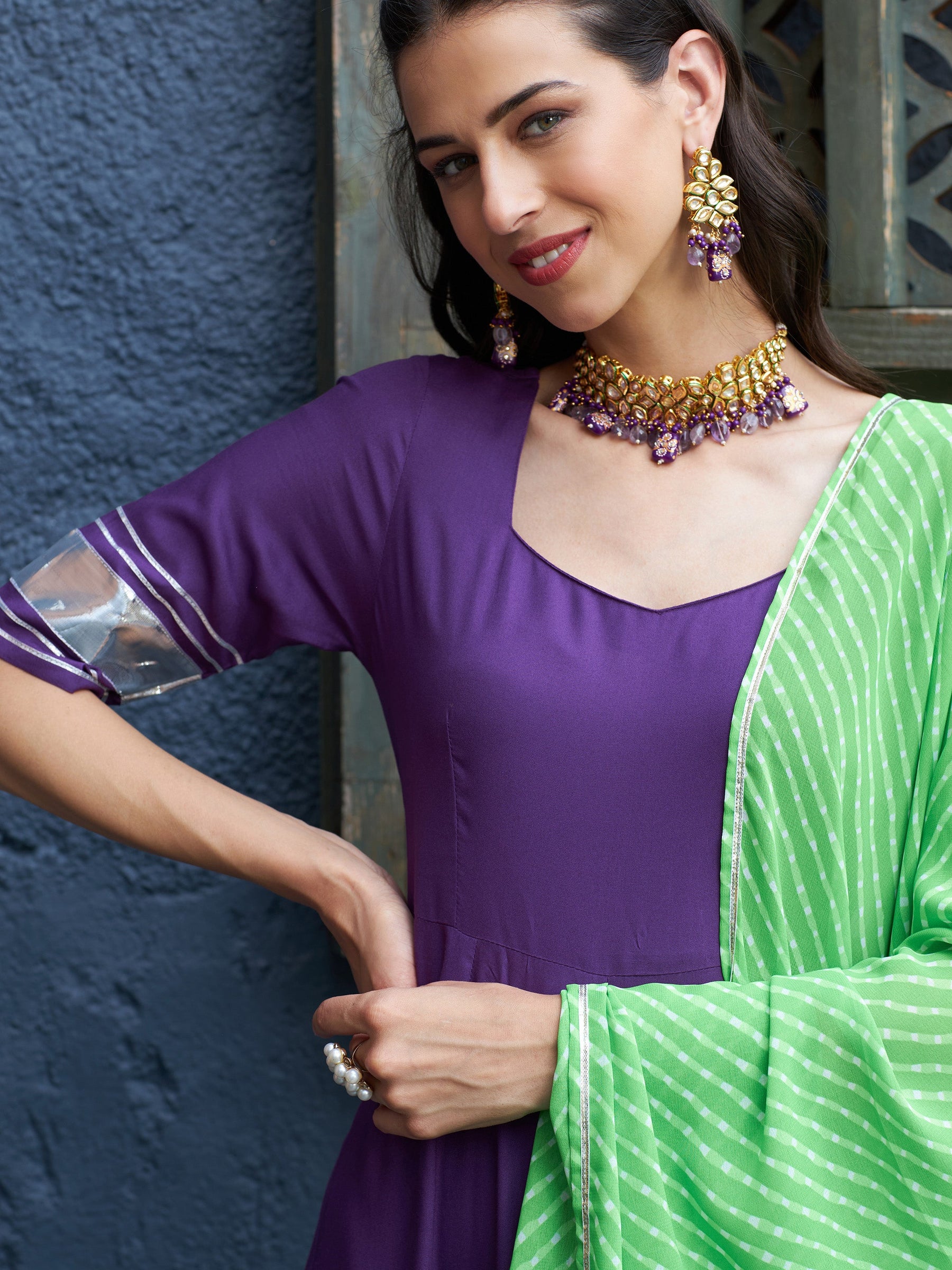 Purple Anarkali Kurta Set With Green Lehariya Dupatta-Shae by SASSAFRAS