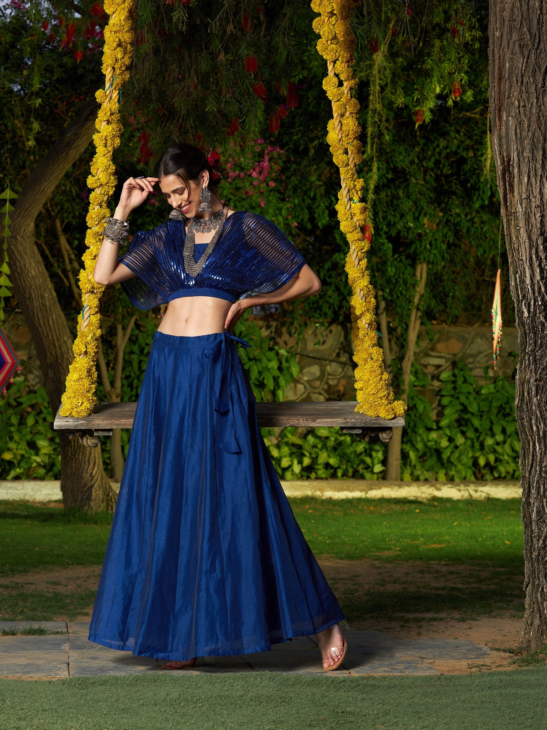 Blue Mesh Mettalic Detail Top with Chanderi Skirt-Shae by SASSAFRAS