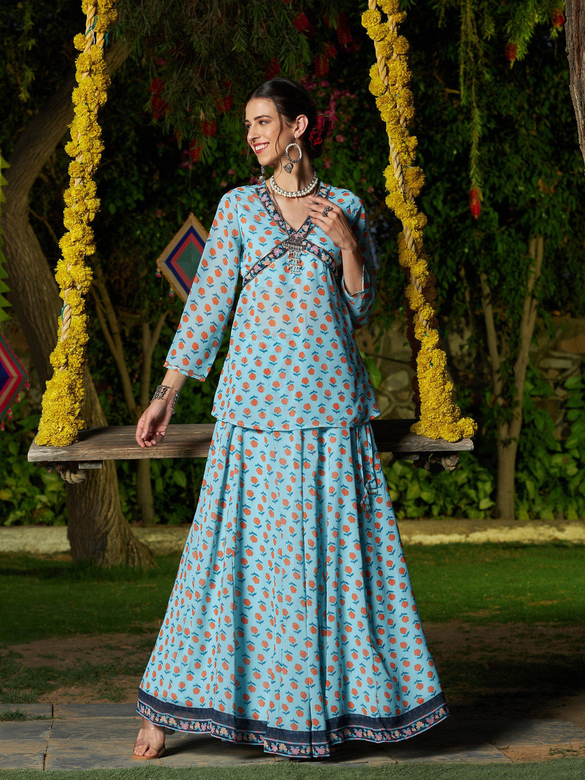 Blue Floral Peplum Top With Anarkali Skirt-Shae by SASSAFRAS