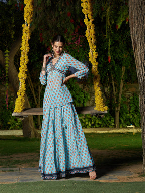 Blue Floral Peplum Top With Anarkali Skirt-Shae by SASSAFRAS
