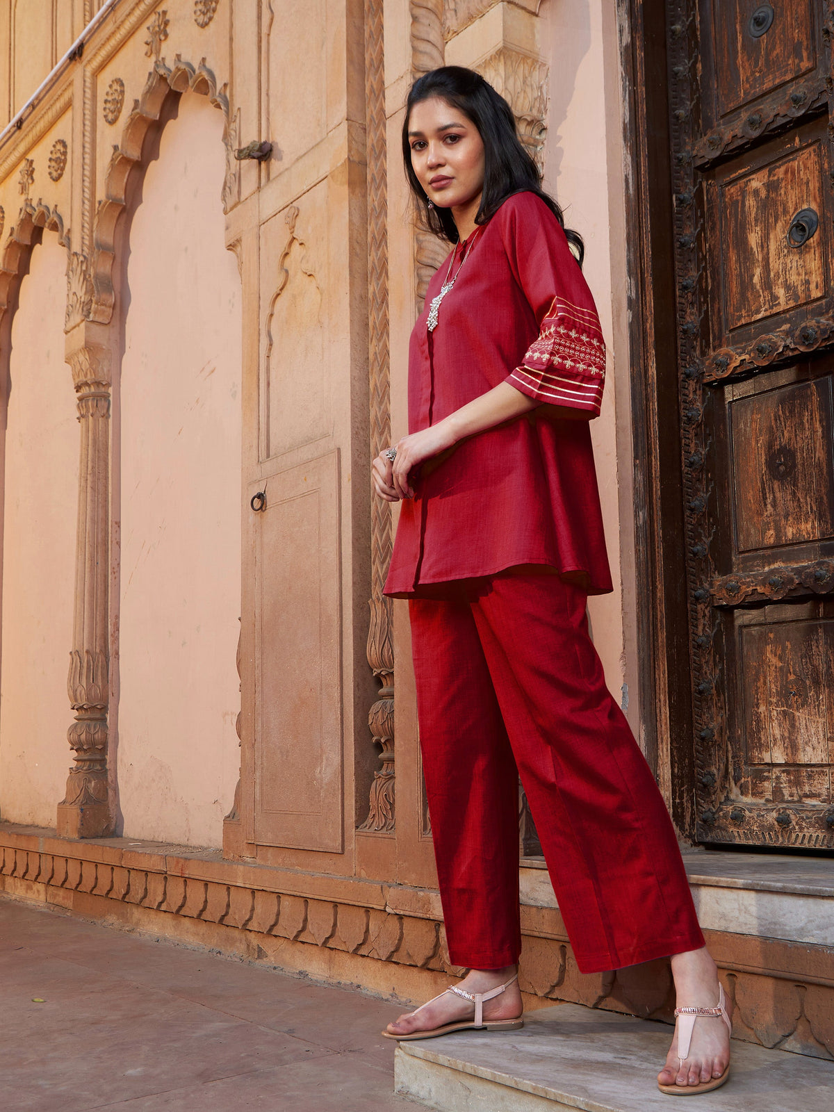 Maroon Zari Embroidered Sleeve Top With Palazzos-Shae by SASSAFRAS