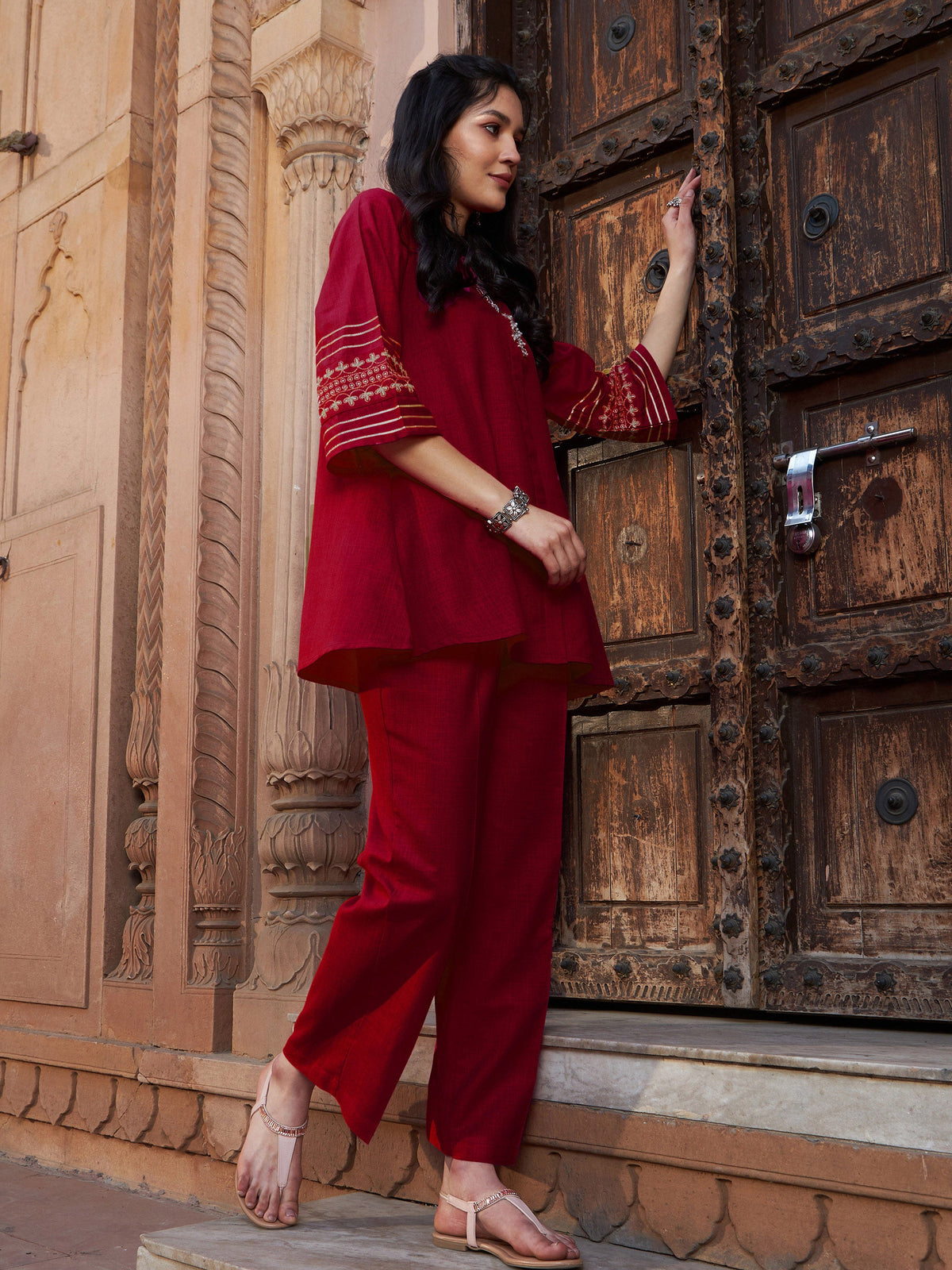 Maroon Zari Embroidered Sleeve Top With Palazzos-Shae by SASSAFRAS