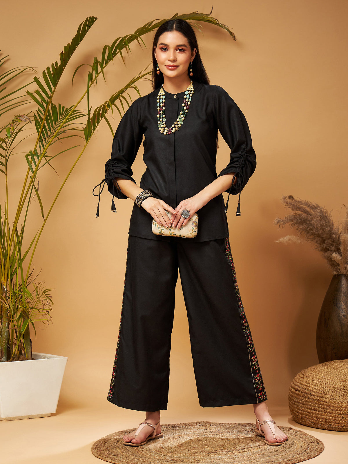Black Ruched Sleeve Top With Embroidered Palazzos -Shae by SASSAFRAS