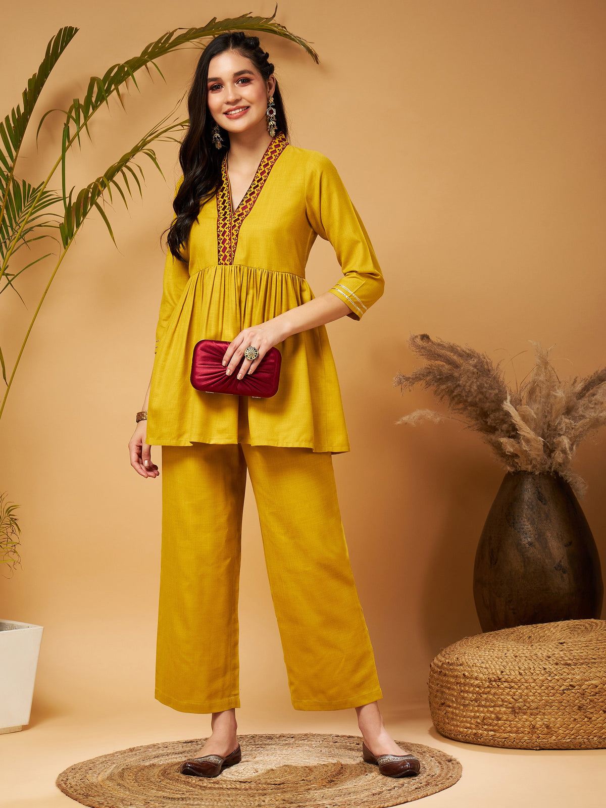 Mustard Embroidered Gathered Top With Palazzos-Shae by SASSAFRAS
