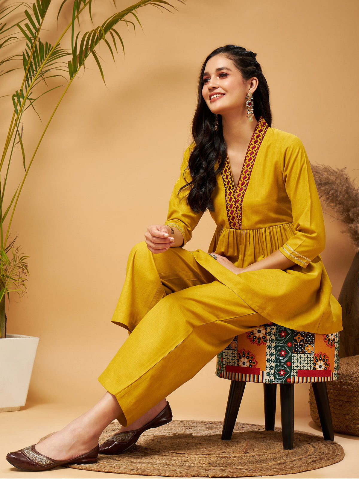 Mustard Embroidered Gathered Top With Palazzos-Shae by SASSAFRAS