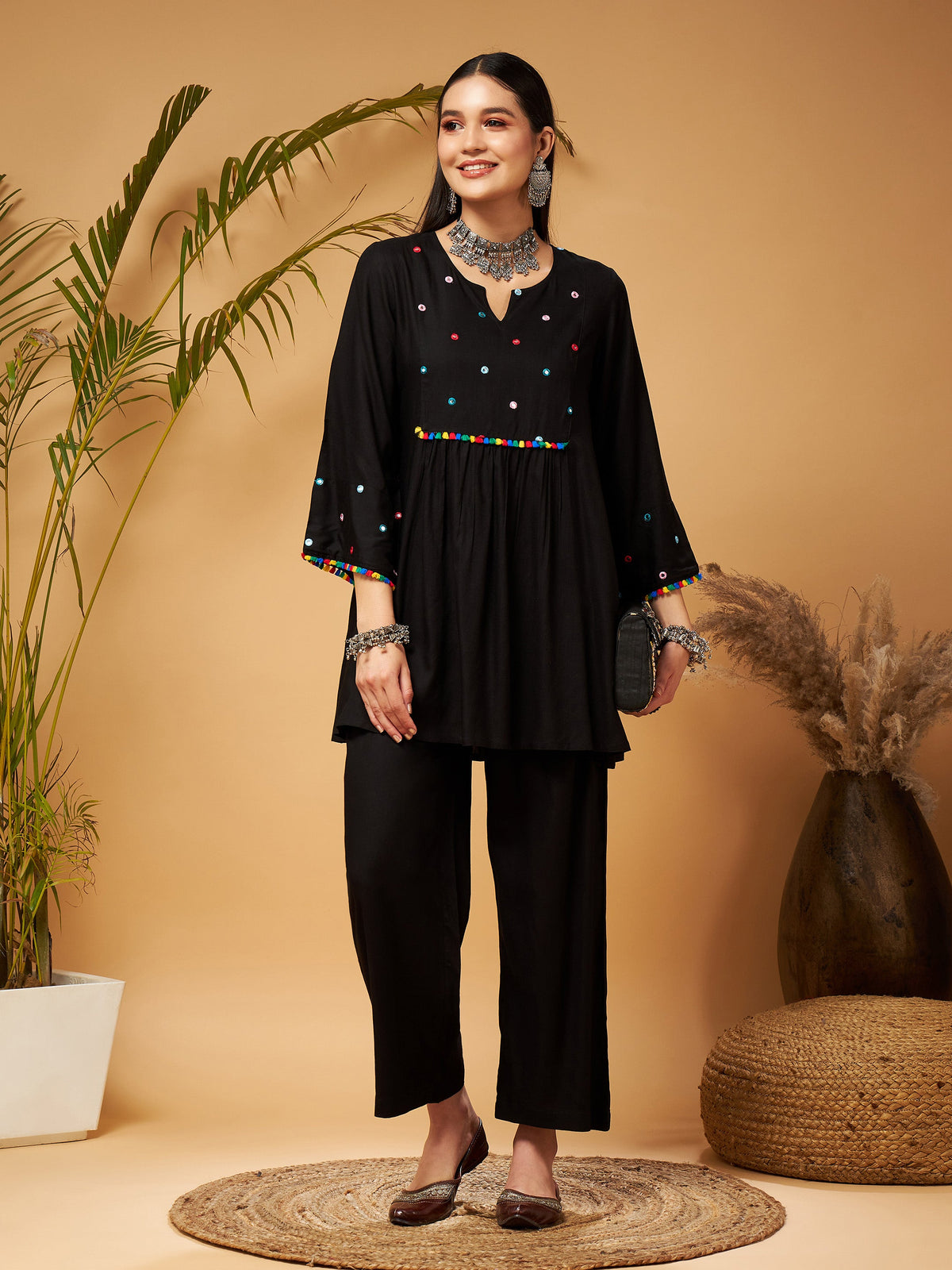 Black Mirror Work Embroidered Top With Palazzos-Shae by SASSAFRAS