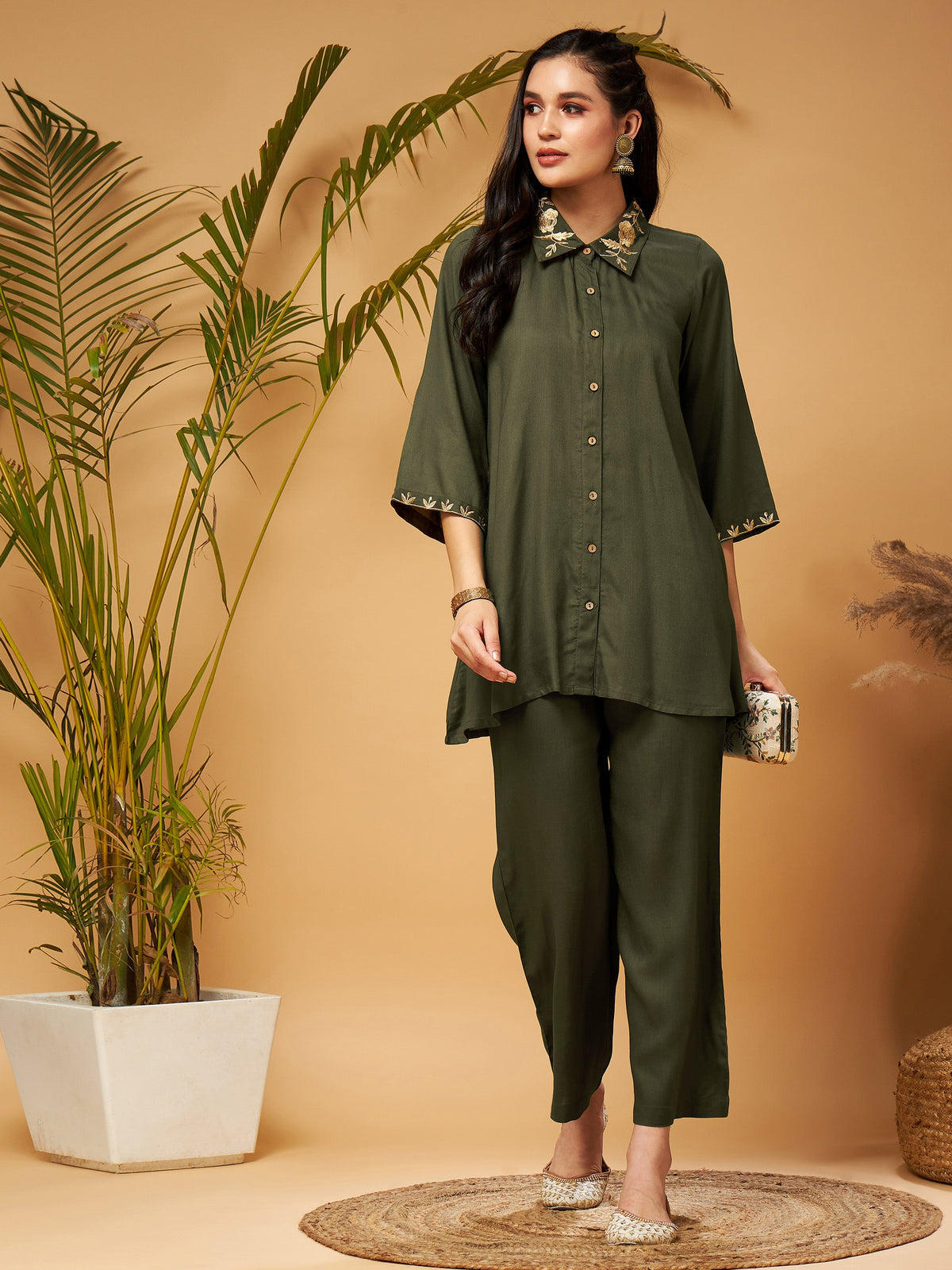 Olive Zari Embroidered Shirt Collar Top With Palazzos-Shae by SASSAFRAS