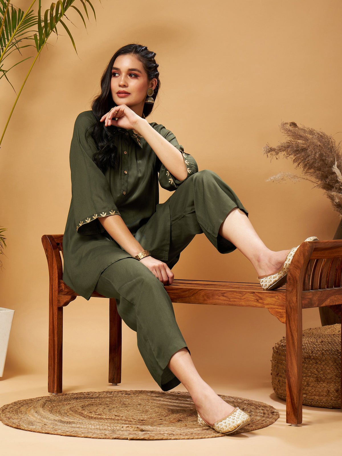 Olive Zari Embroidered Shirt Collar Top With Palazzos-Shae by SASSAFRAS