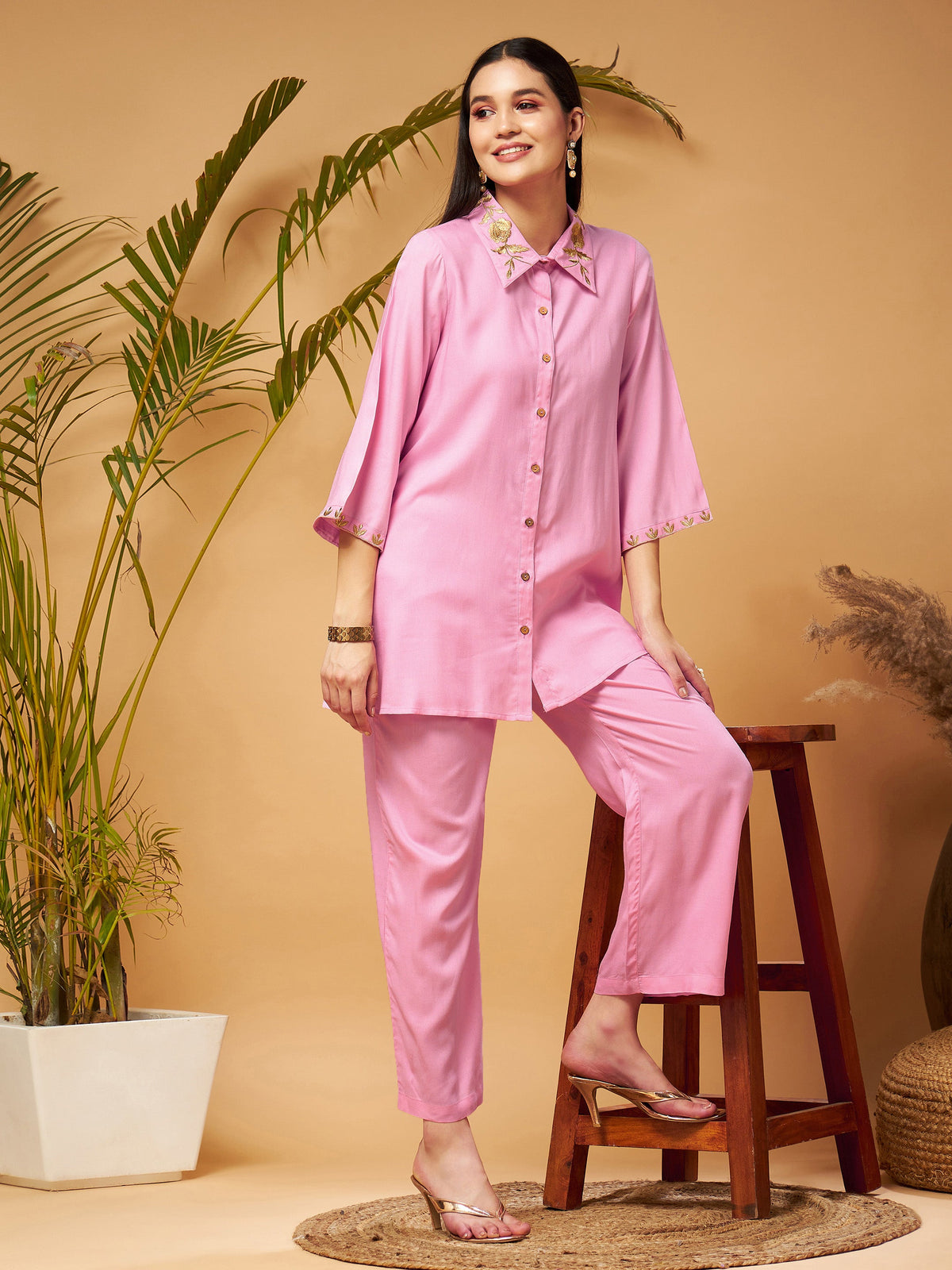 Pink Zari Embroidered Shirt Collar Top With Palazzos-Shae by SASSAFRAS