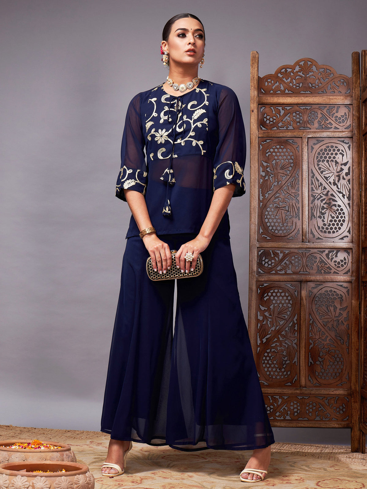 Navy Gota Embroidered Top With Palazzos-Shae by SASSAFRAS