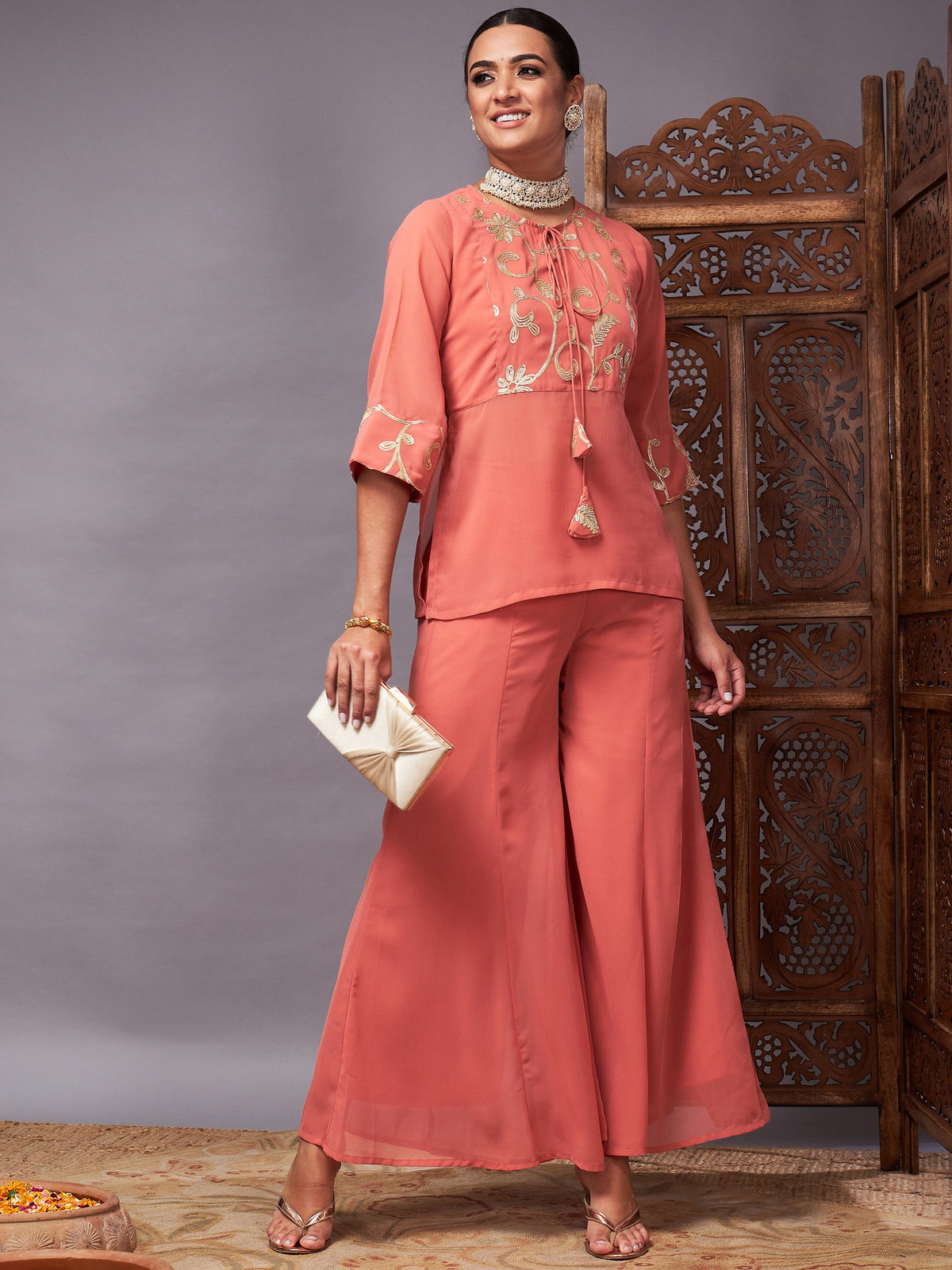 Rust Gota Embroidered Top With Palazzos-Shae by SASSAFRAS