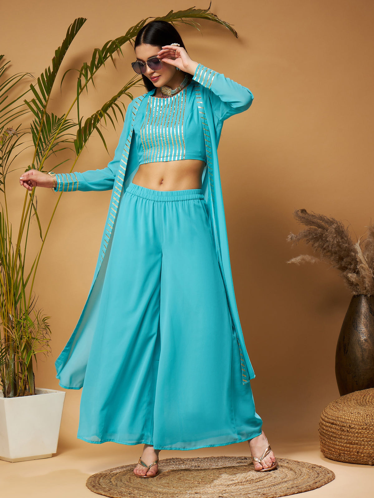 Blue Crop Top With A-Line Pants & Shrug-Shae by SASSAFRAS