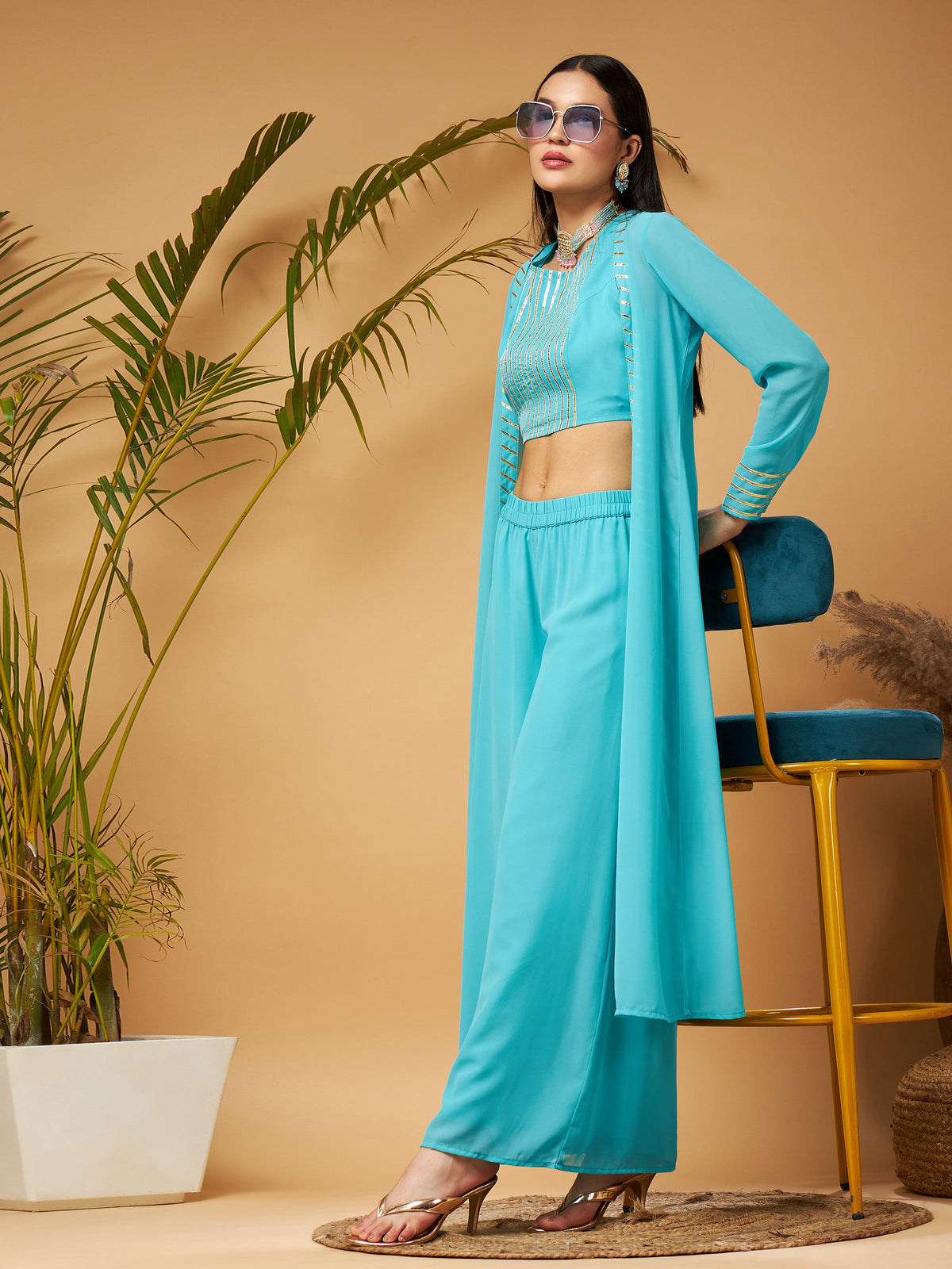 Blue Crop Top With A-Line Pants & Shrug-Shae by SASSAFRAS