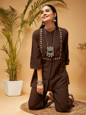 Brown Zari Embroidered Top With Palazzos-Shae by SASSAFRAS