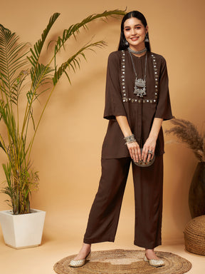 Brown Zari Embroidered Top With Palazzos-Shae by SASSAFRAS