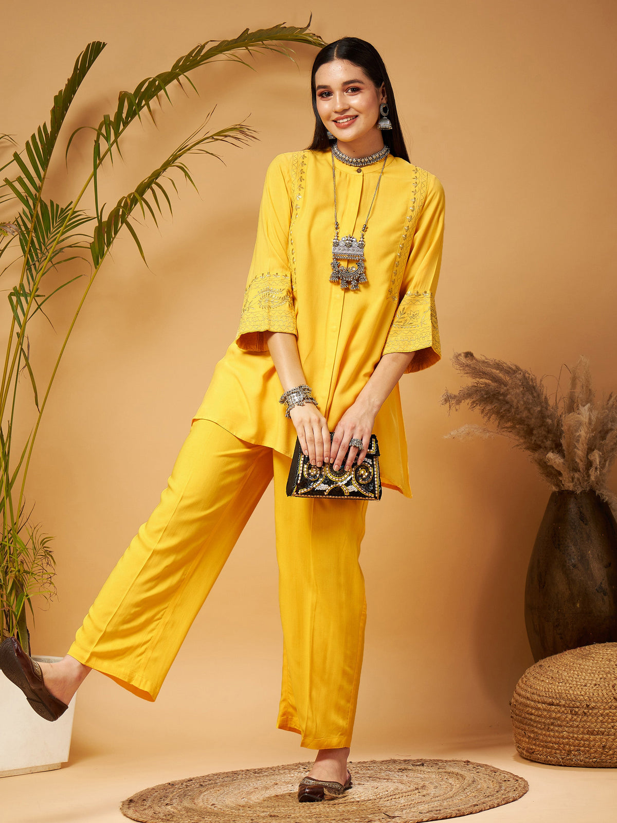 Yellow Embroidered Top With Palazzos-Shae by SASSAFRAS