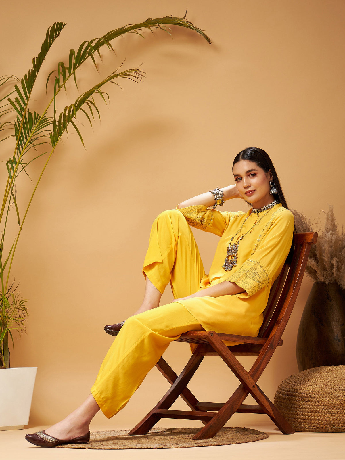 Yellow Embroidered Top With Palazzos-Shae by SASSAFRAS