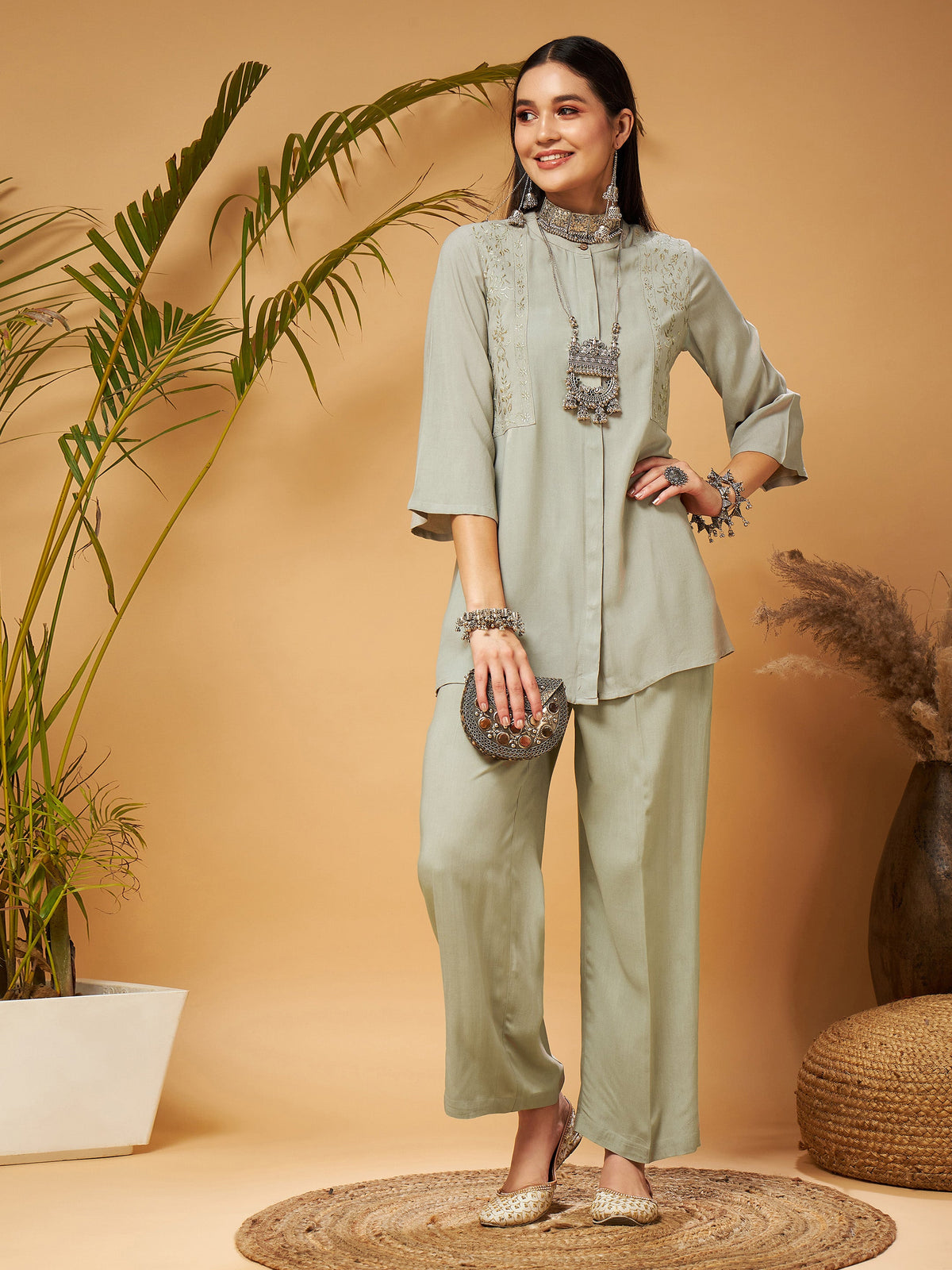 Taupe Embroidered Top With Palazzos-Shae by SASSAFRAS