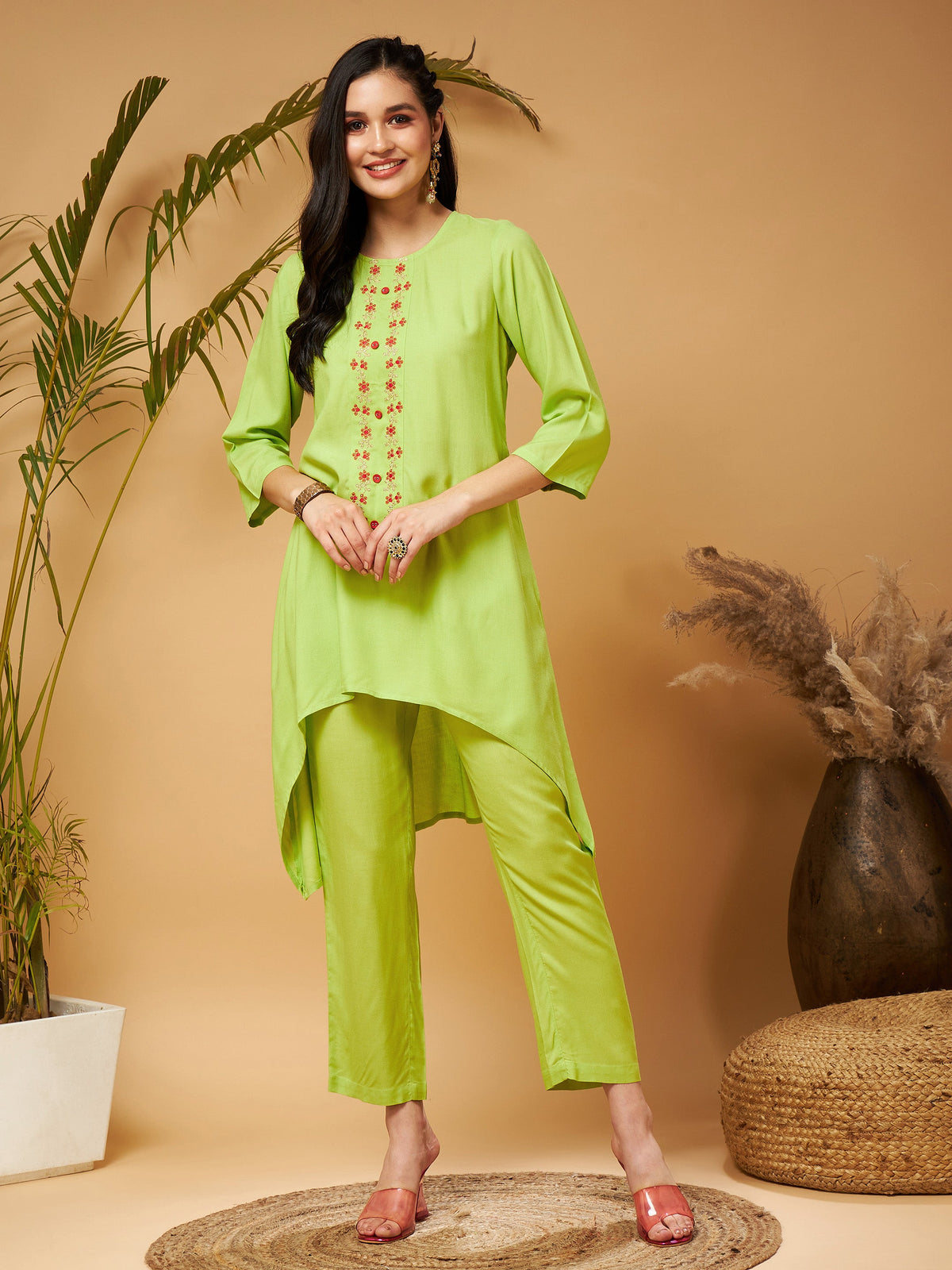 Lime Green Embroidered High Low Kurta With Pants-Shae by SASSAFRAS