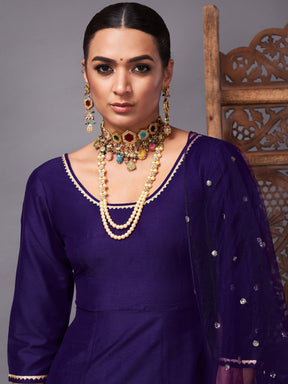 Purple Kurta Set With Net Sequins Dupatta-Shae by SASSAFRAS