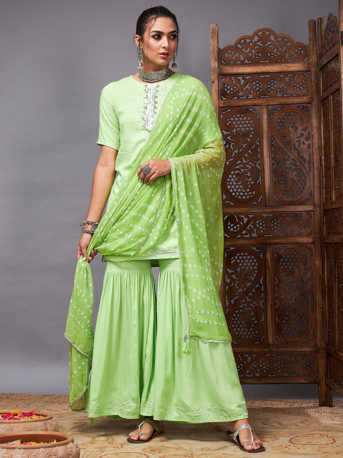 Green Short Kurta With Sharara & Bandhej Dupatta-Shae by SASSAFRAS