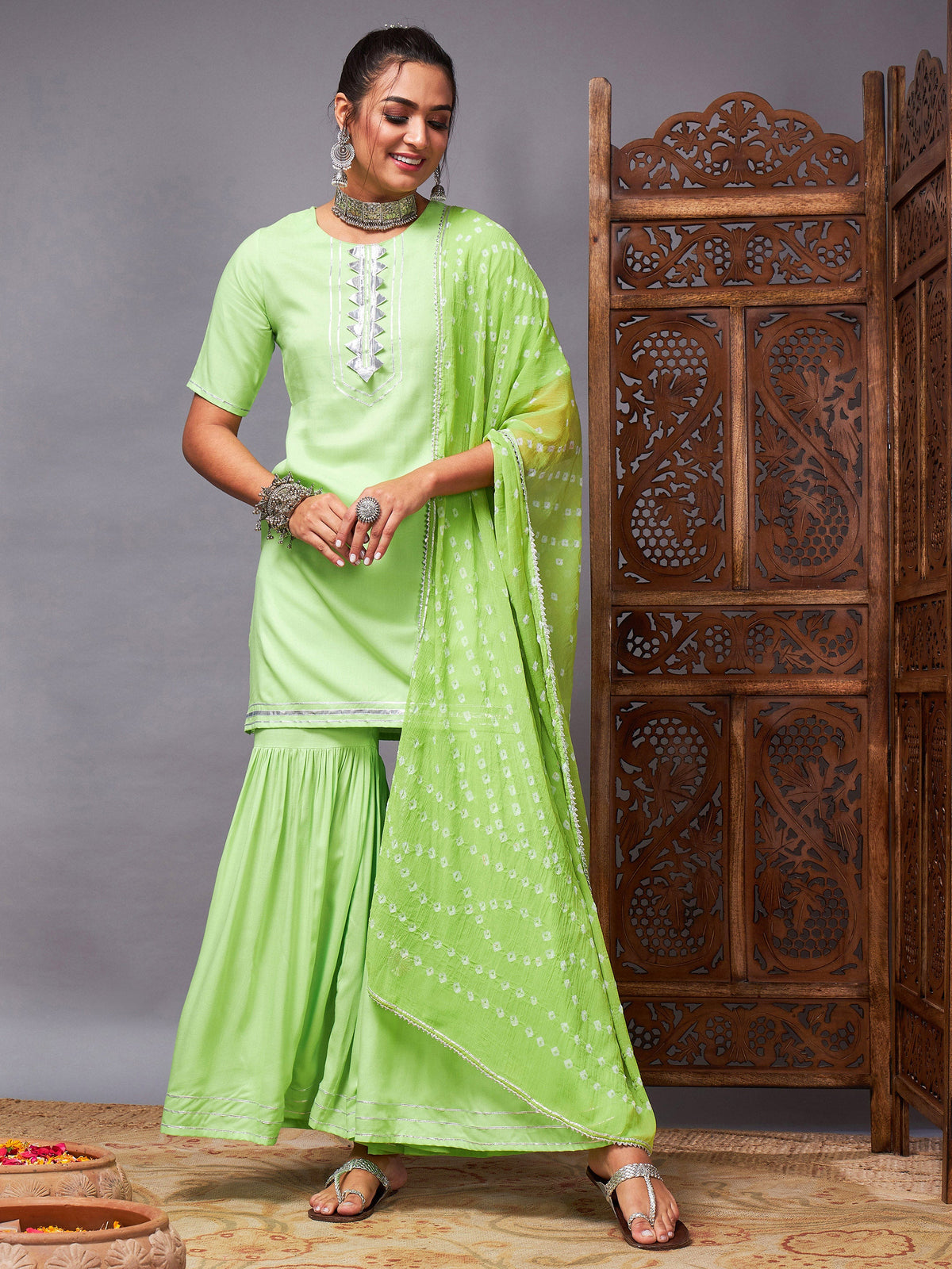 Green Short Kurta With Sharara & Bandhej Dupatta-Shae by SASSAFRAS