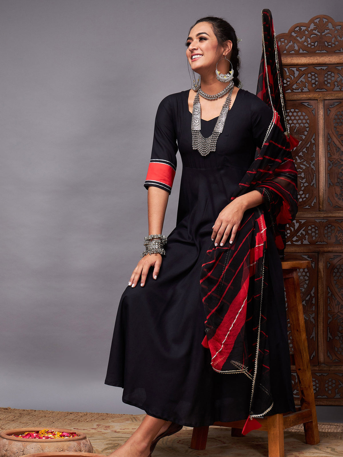 Black Kurta Set With Red Lehariya Dupatta-Shae by SASSAFRAS