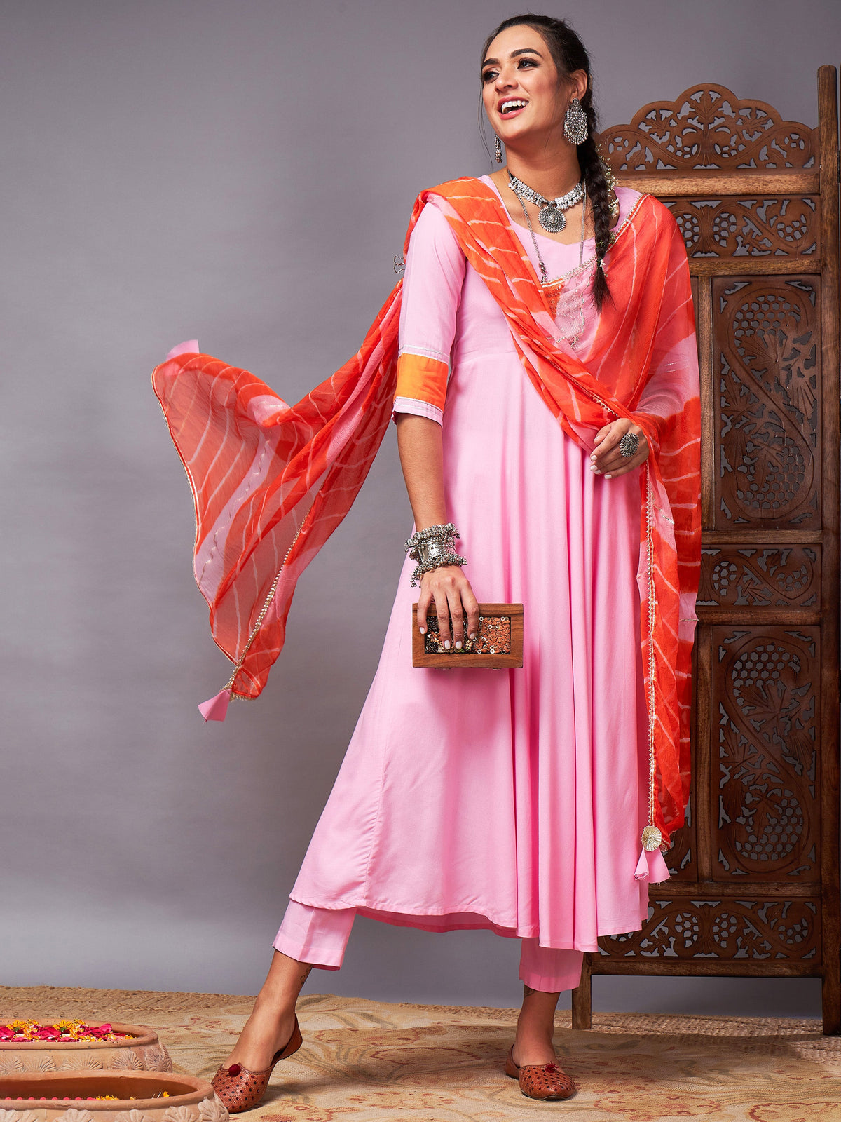 Pink Kurta Set With Orange Lehariya Dupatta-Shae by SASSAFRAS