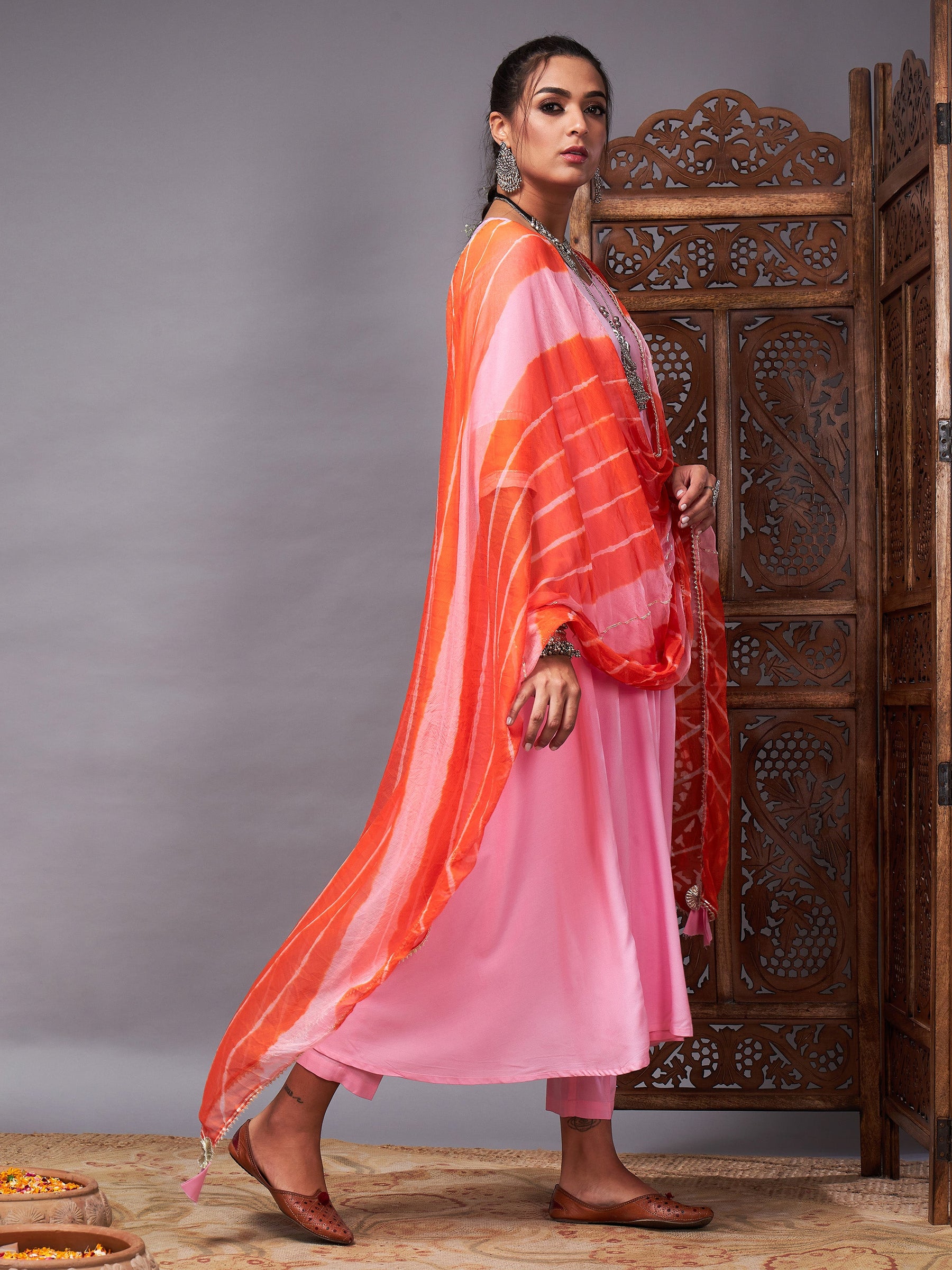 Pink Kurta Set With Orange Lehariya Dupatta-Shae by SASSAFRAS