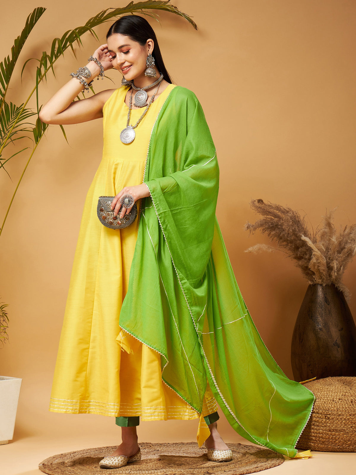 Yellow & Green Anarkali Kurta Set With Green Dupatta-Shae by SASSAFRAS