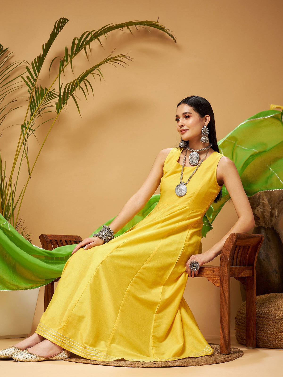 Yellow & Green Anarkali Kurta Set With Green Dupatta-Shae by SASSAFRAS