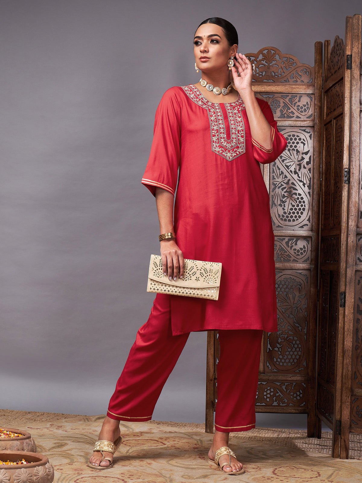 Red Gota Embroidered Kurta with Pants-Shae by SASSAFRAS