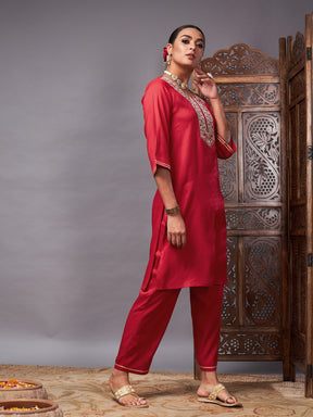 Red Gota Embroidered Kurta with Pants-Shae by SASSAFRAS