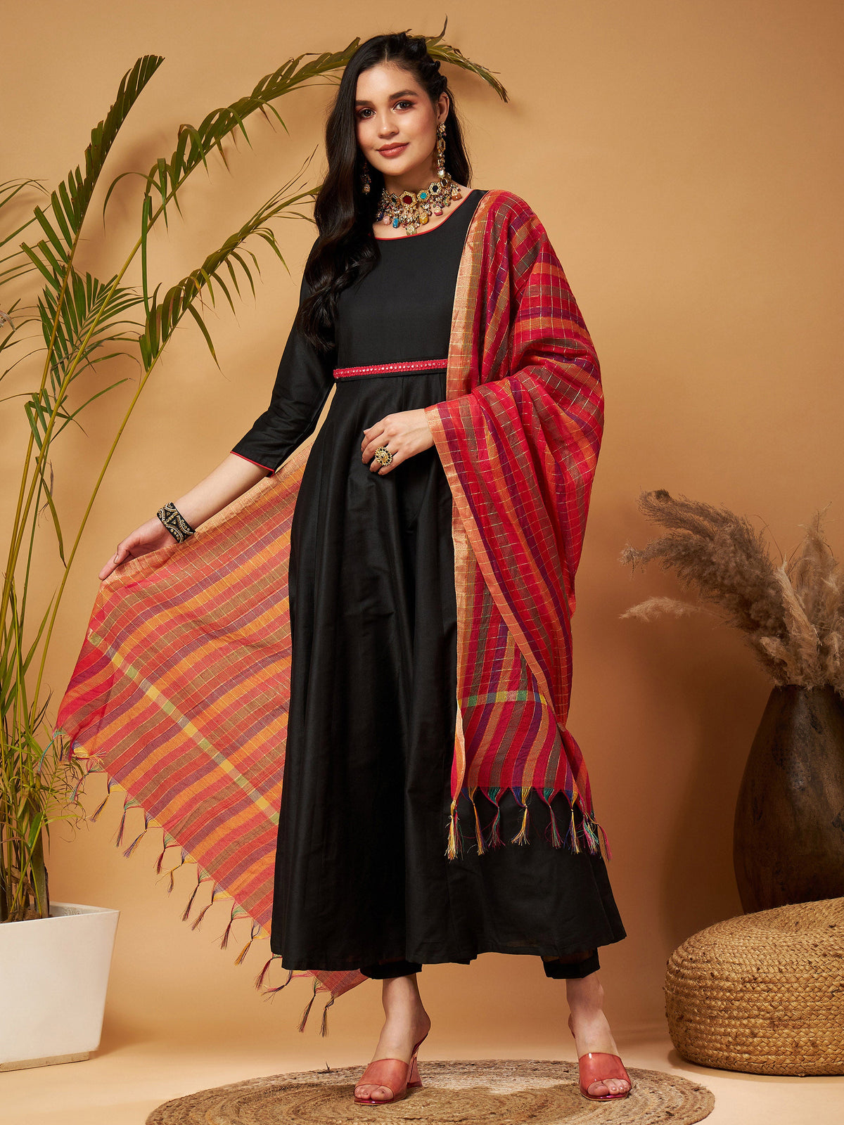 Black Anarkali Kurta Set With Red Striped Dupatta-Shae by SASSAFRAS