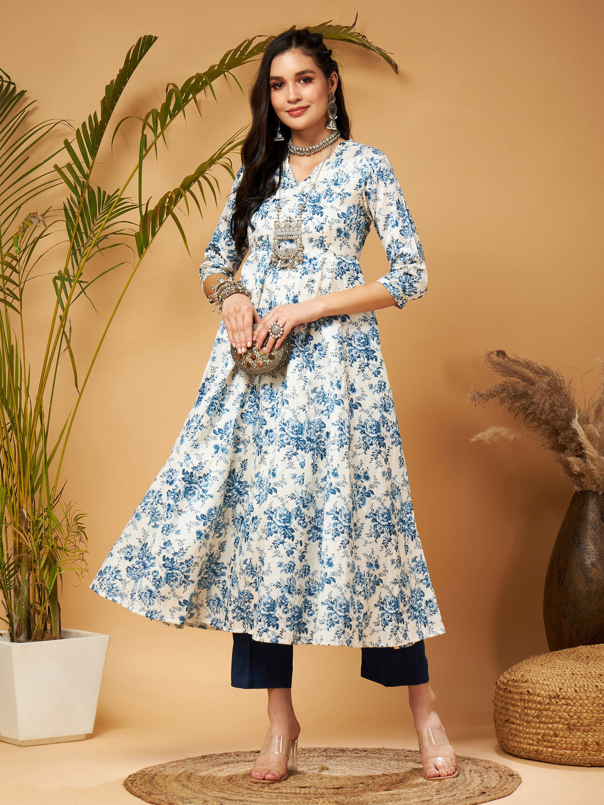 Blue Floral Anarkali Kurta With Pants-Shae by SASSAFRAS